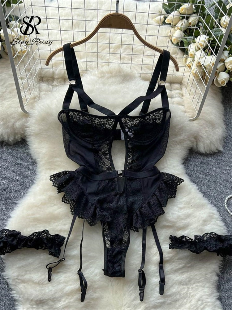 Women Erotic Sexy Lace Rompers Sleeveless Backless Slim Short Playsuit Transparent Underwear Hollow Out Mesh Bodysuits
