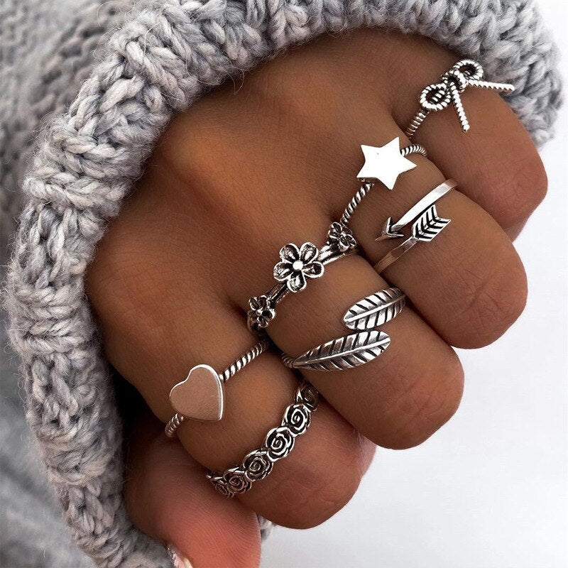 Punk Girl Love Heart Rings Set For Women Personality Harajuku Chain Tassel Silver Color Geometric Ring Gothic Party Jewelry Gift
