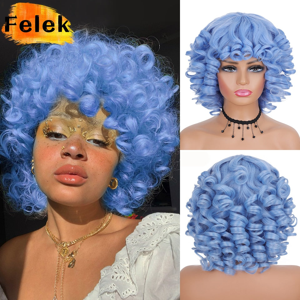 Short Hair Afro Kinky Curly Wigs With Bangs For Black Women Natural Synthetic Ombre Glueless Blonde Red Cosplay Bob Wigs