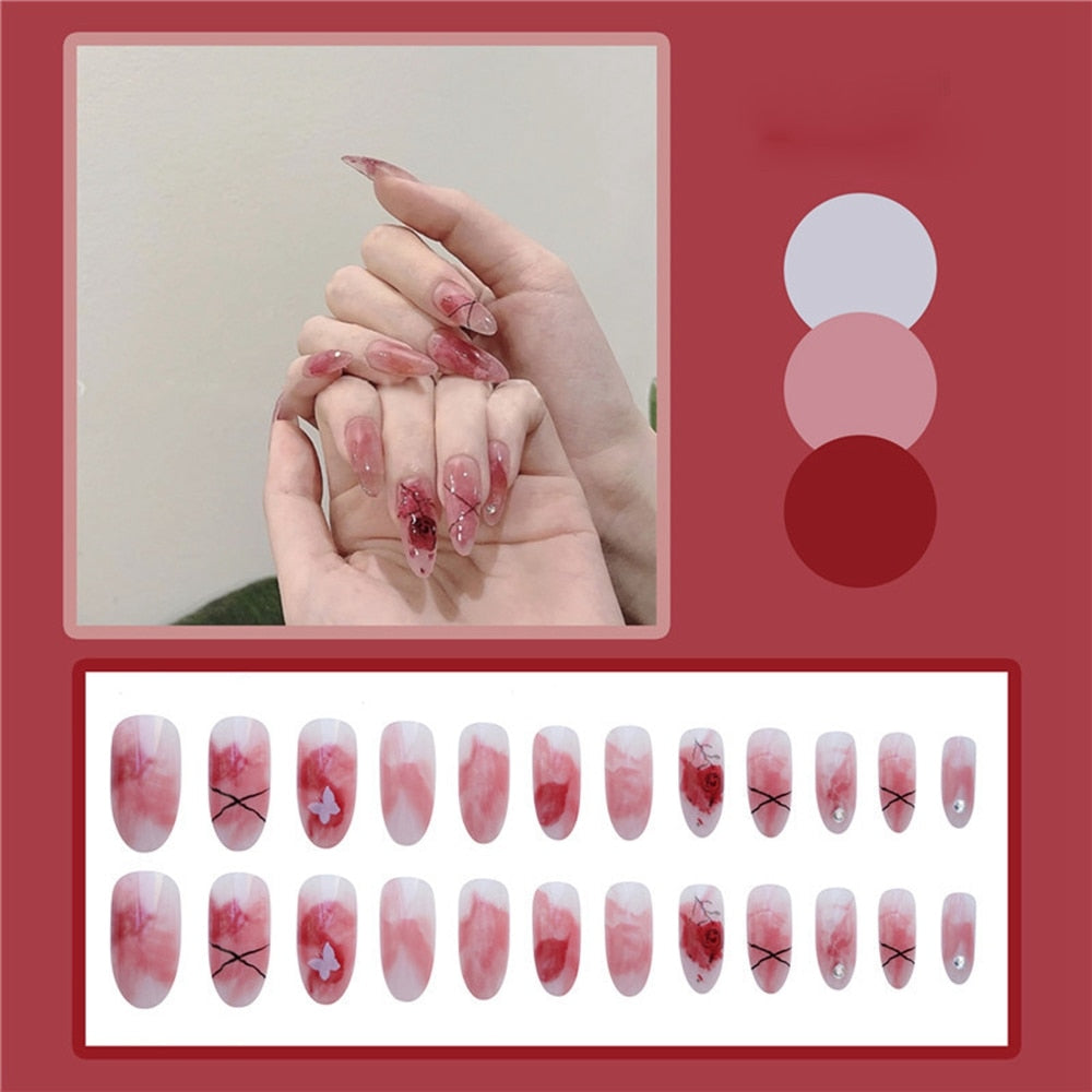 24 Pcs Artificial Wavy Line Long Round Almond False Nails Wearable French Fake Nails Full Cover Nail Tips Press On Nails