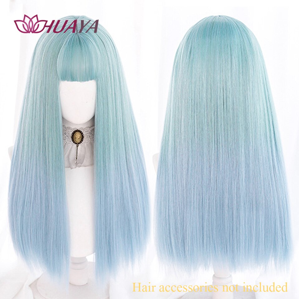 Long Straight Wig with Bangs Purple-White Heat Resistant Synthetic Hair Wigs for African American Girl Lolita Cosplay Wig