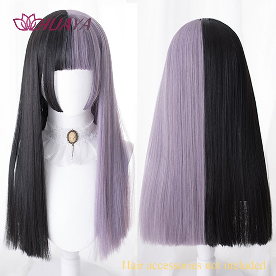 Long Straight Wig with Bangs Purple-White Heat Resistant Synthetic Hair Wigs for African American Girl Lolita Cosplay Wig