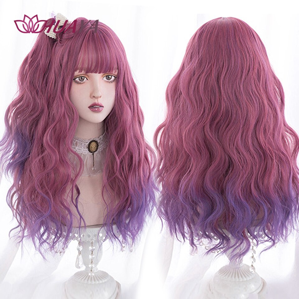 Long Straight Wig with Bangs Purple-White Heat Resistant Synthetic Hair Wigs for African American Girl Lolita Cosplay Wig