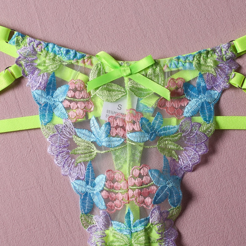 Luxury Lingerie Sexy Floral Embroidery Set Woman 2 Pieces Underwire Bra Thongs Exotic Intimate Neon Green Underwear