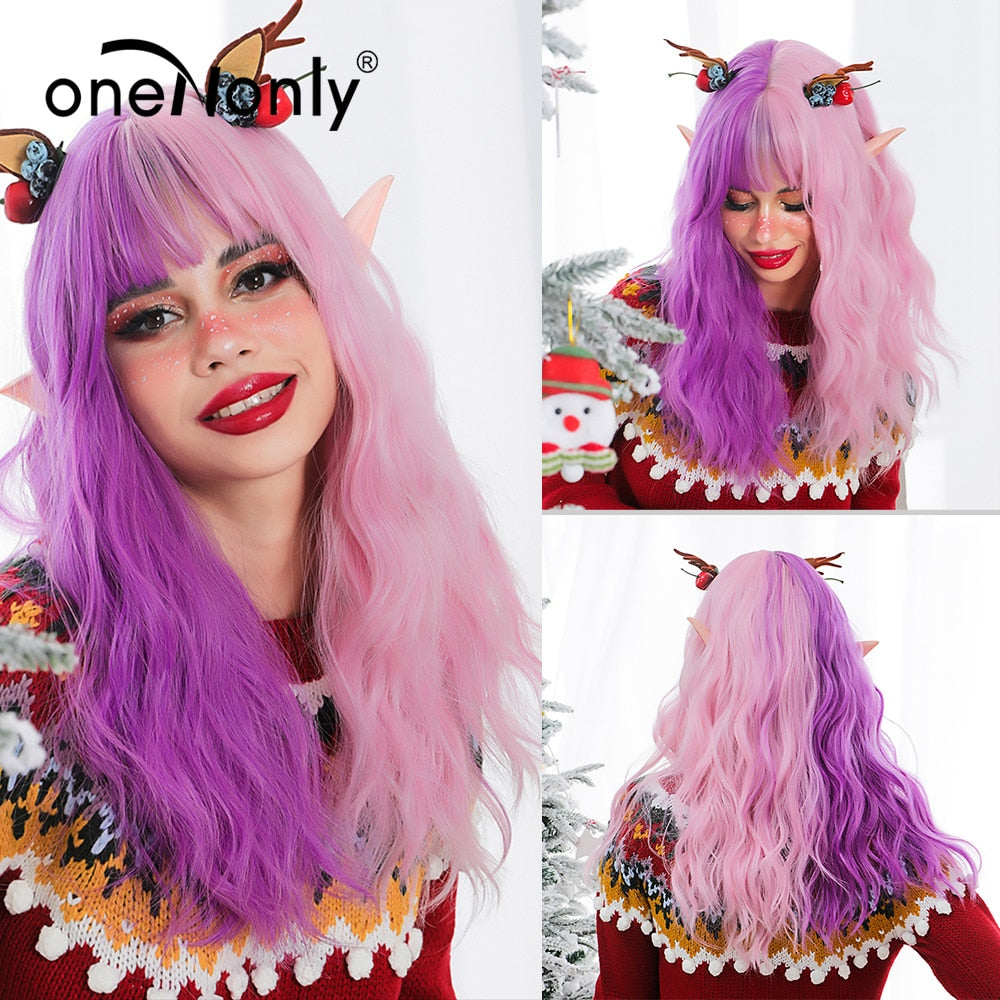 Purple Blue Wig with Bangs Long Wavy Cosplay Lolita Women Wigs Halloween Party High Temperature Hair