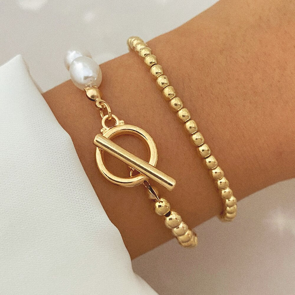 Bohemian Gold Color Angel Bracelets for Women Boho Jewelry Geometric Layered Pearl Hand Chain Charm Bracelet Set