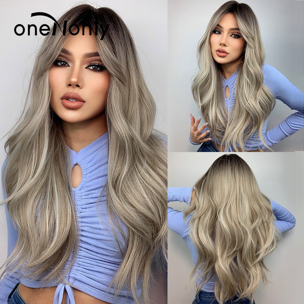 Purple Blue Wig with Bangs Long Wavy Cosplay Lolita Women Wigs Halloween Party High Temperature Hair
