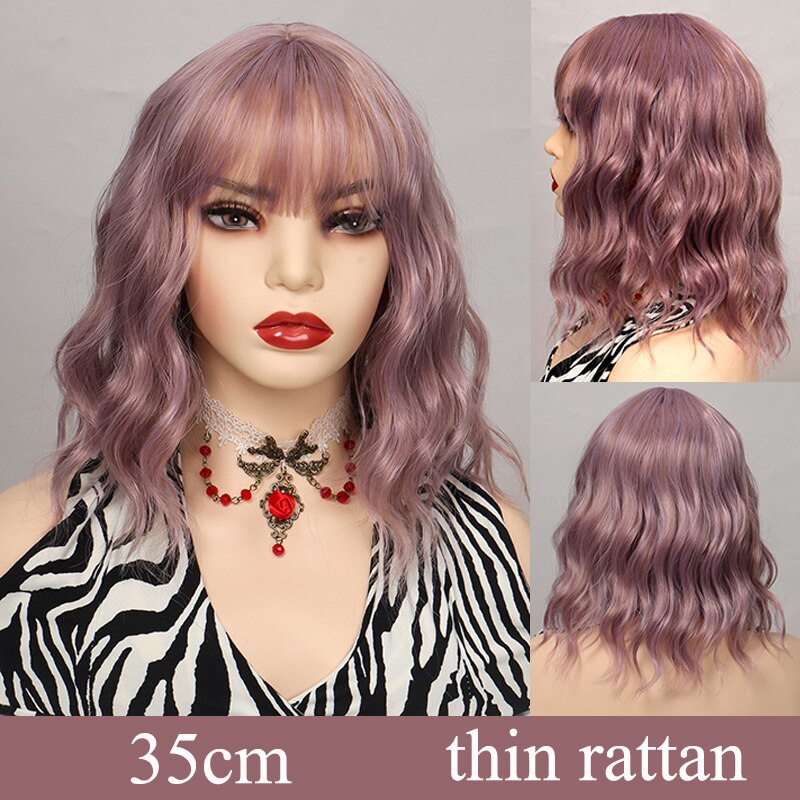 Synthetic Short Water Wave Cosplay Bob Wig with Bangs Heat-resistant Fiber Lolita Wigs For Women Daily Wear