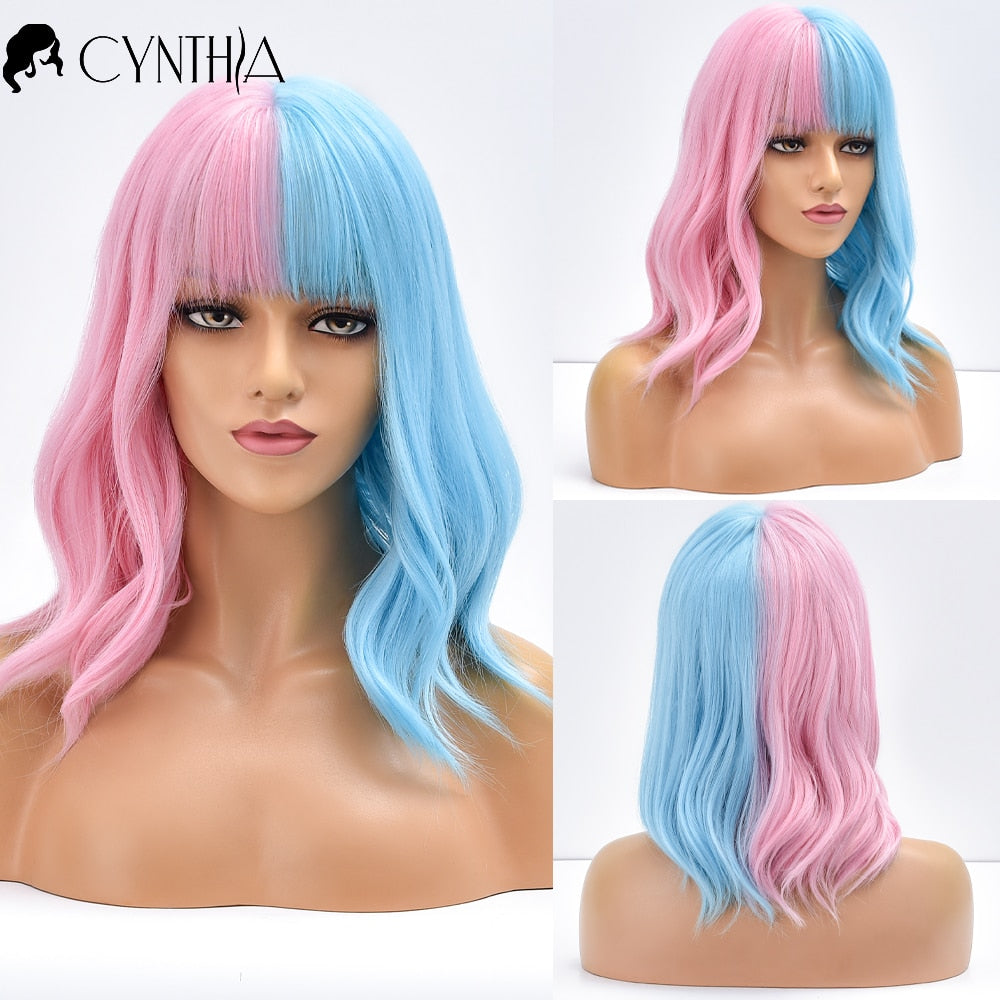 Ombre Blonde Short Bob Synthetic Wig For Women With Bangs White Gold Body Wave Cosplay Lolita Natural Heat Resistant Hair