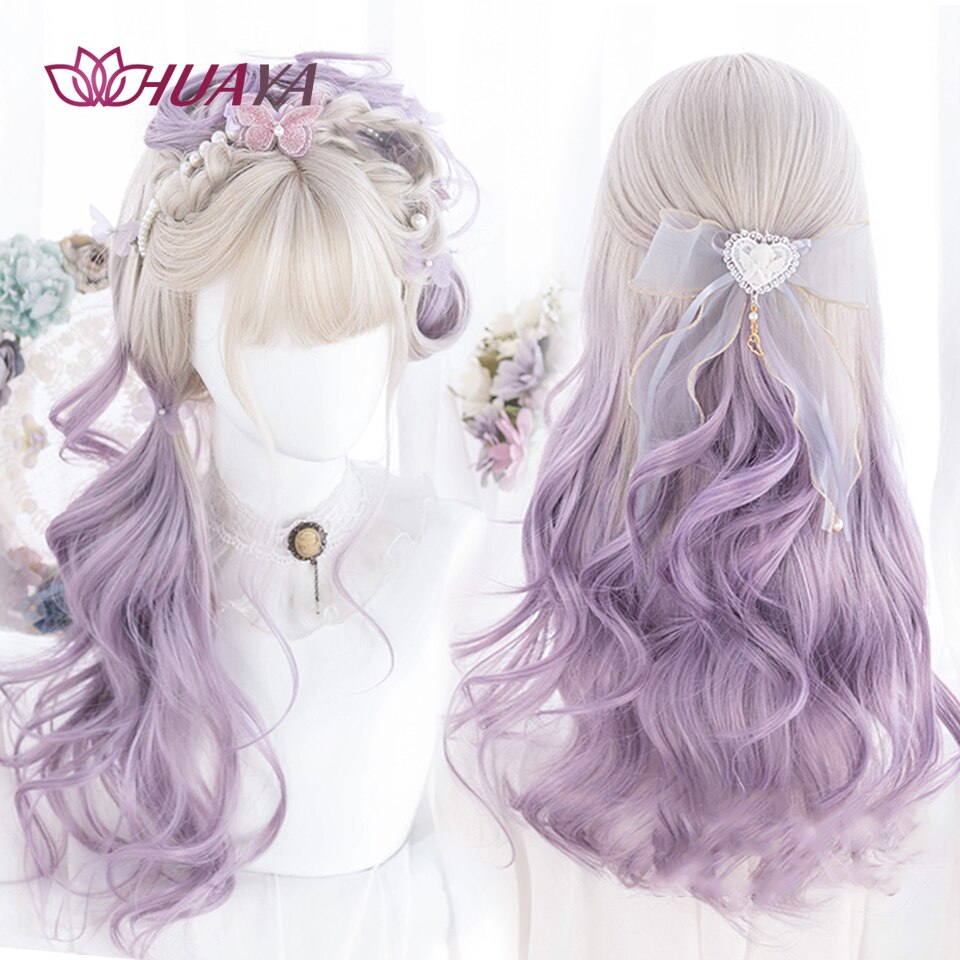 Long Straight Wig with Bangs Purple-White Heat Resistant Synthetic Hair Wigs for African American Girl Lolita Cosplay Wig