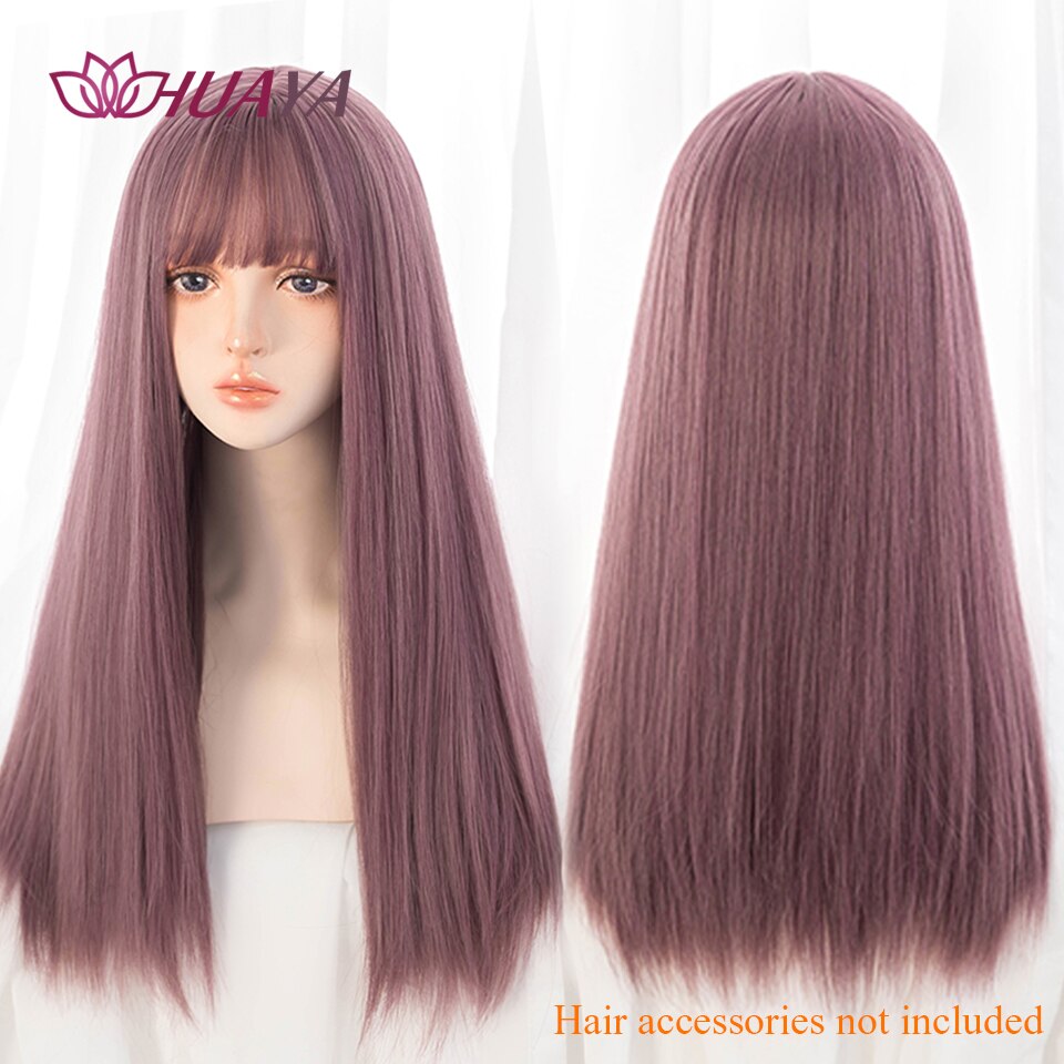 Long Straight Wig with Bangs Purple-White Heat Resistant Synthetic Hair Wigs for African American Girl Lolita Cosplay Wig