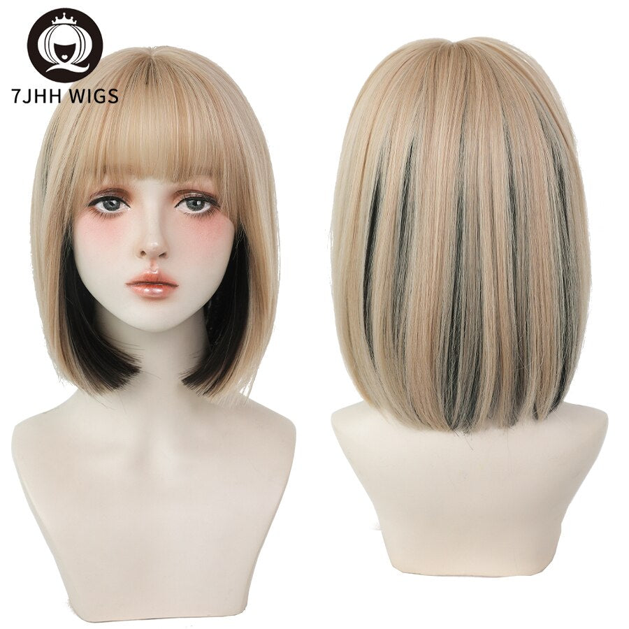 WIGS Black Short Bob Wig for Girl Daily Wear Synthetic Wig Natural Supple Summer Heat resistant Wig With Bangs