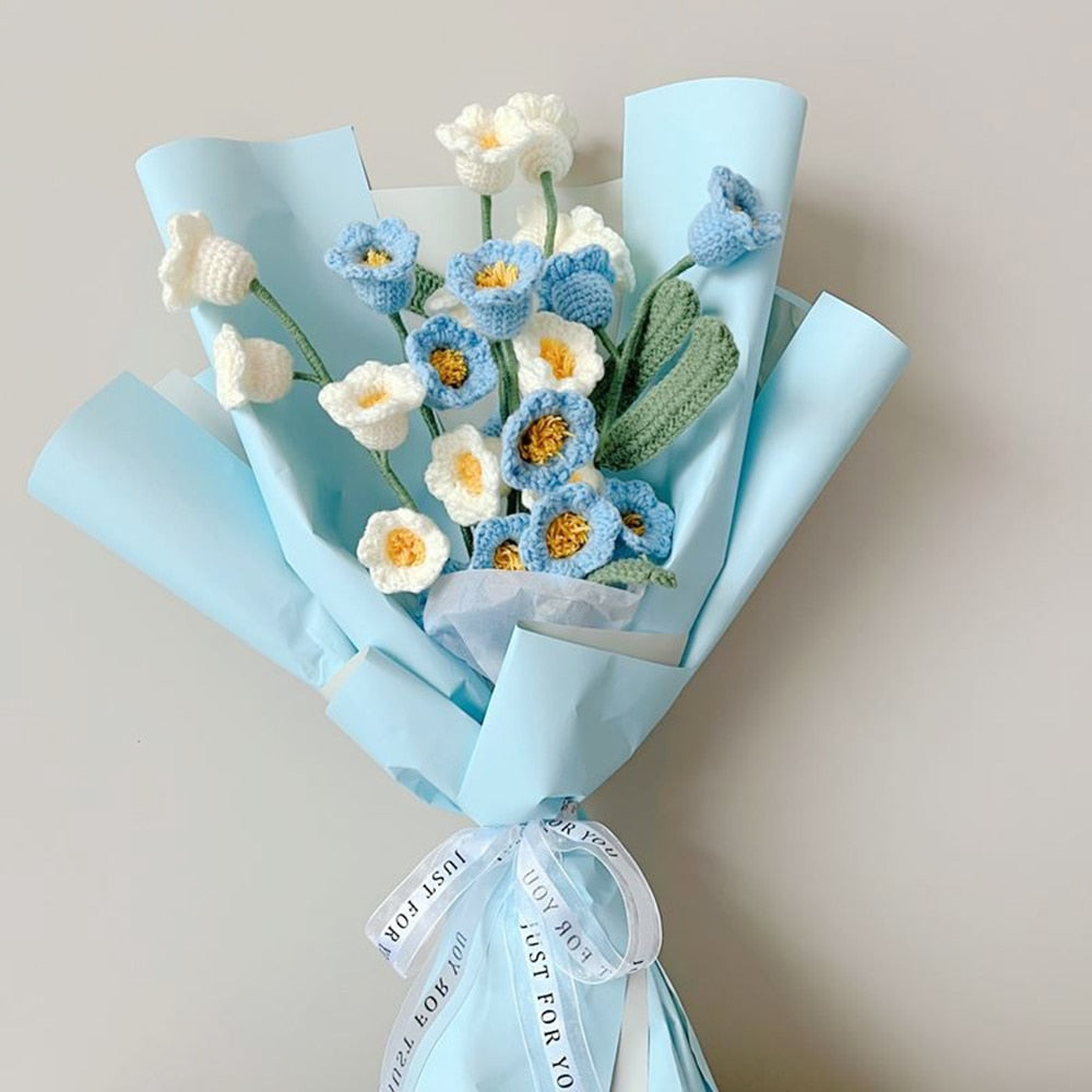 5pcs Finished Handmade Hand-knitted Yarn Crochet Lily of the Valley Artificial Flowers Bouquet Birthday Gift Home Decor