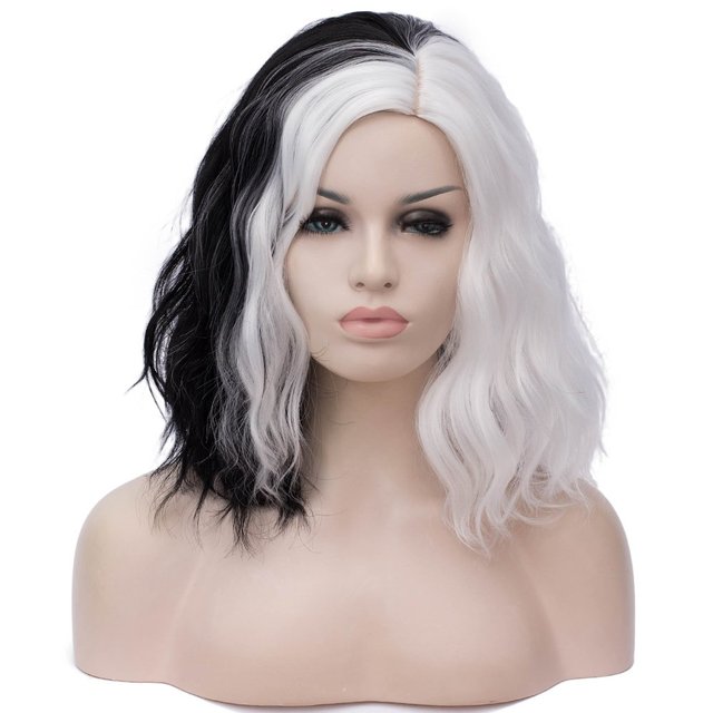Anime Cruella De Vil Short Cruly Half Black And Half White Wavy Band Bangs Ladies Cosplay Wig Synthetic Halloween Wig + Wig Cap