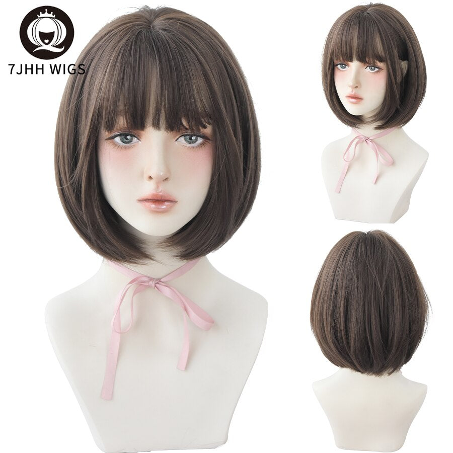 WIGS Black Short Bob Wig for Girl Daily Wear Synthetic Wig Natural Supple Summer Heat resistant Wig With Bangs