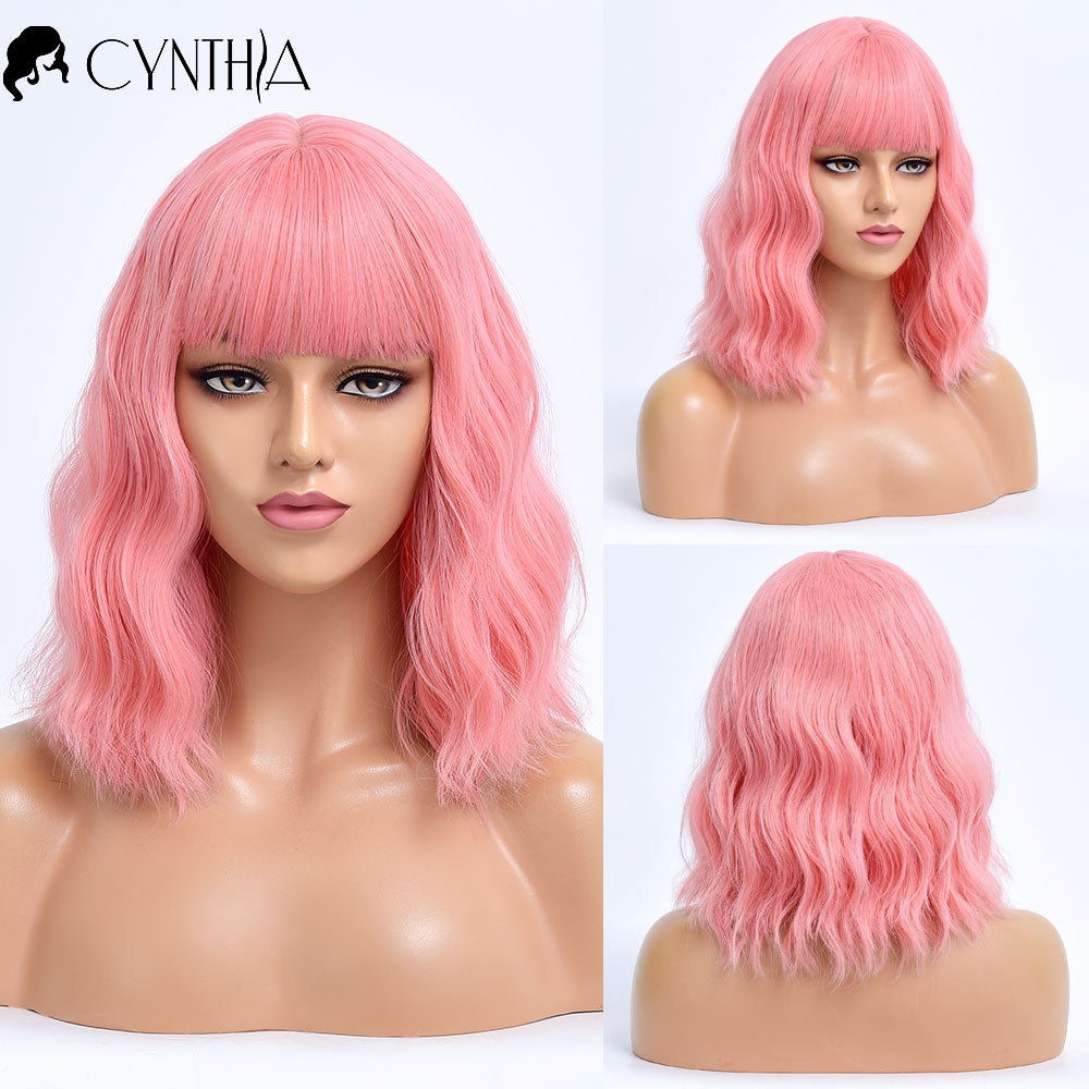 Ombre Blonde Short Bob Synthetic Wig For Women With Bangs White Gold Body Wave Cosplay Lolita Natural Heat Resistant Hair