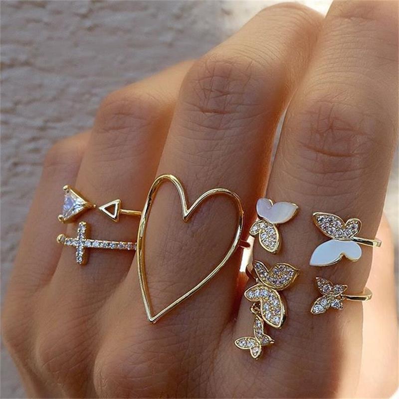 Punk Girl Love Heart Rings Set For Women Personality Harajuku Chain Tassel Silver Color Geometric Ring Gothic Party Jewelry Gift