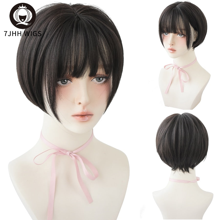 WIGS Black Short Bob Wig for Girl Daily Wear Synthetic Wig Natural Supple Summer Heat resistant Wig With Bangs