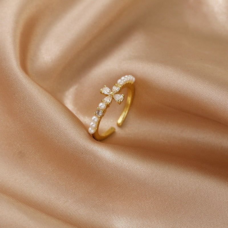 Luxury Gold Color Pearl Zircon Rings Vintage Sexy Open Joint Elegant