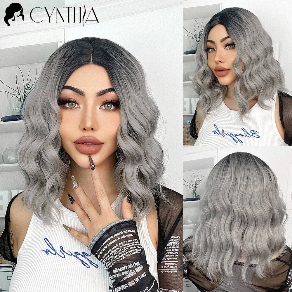 Ombre Blonde Short Bob Synthetic Wig For Women With Bangs White Gold Body Wave Cosplay Lolita Natural Heat Resistant Hair