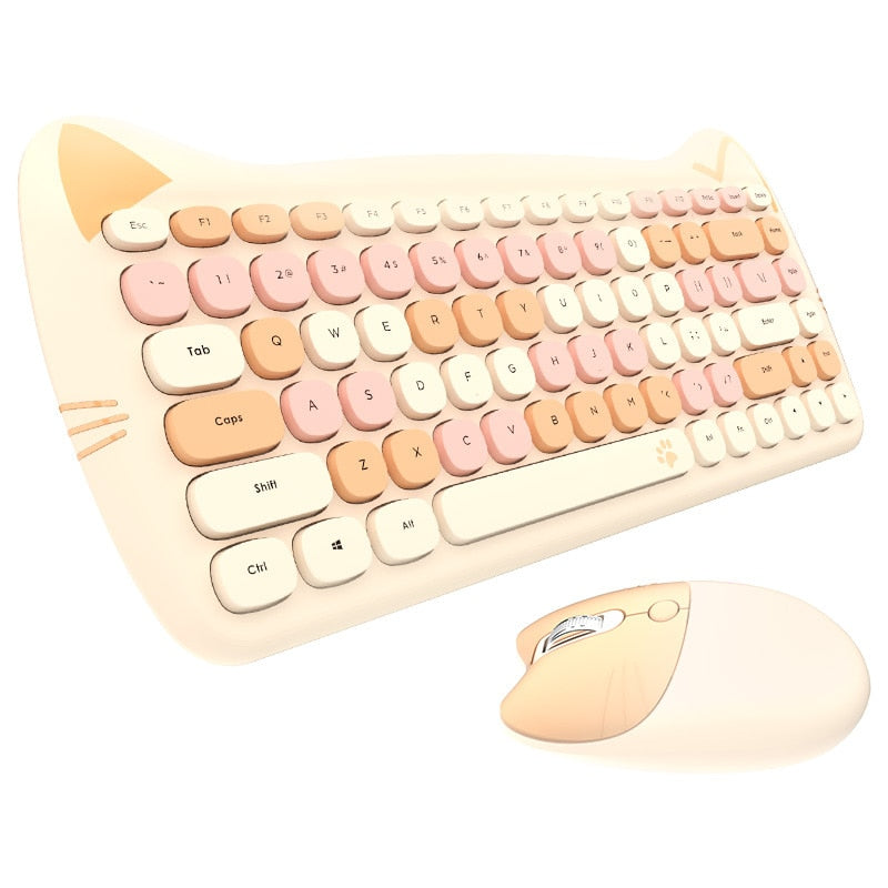 Cute Cat 2.4G Wireless Ergonomics Keyboard Set Mixed Candy Color Keycap Keyboard and Mouse Comb for Laptop Notebook PC