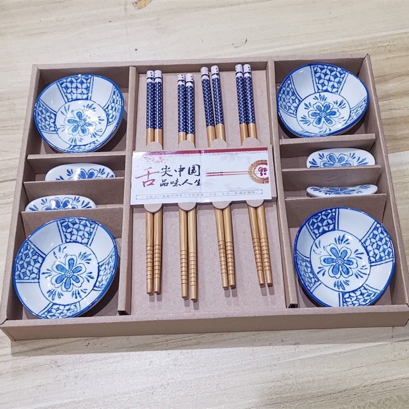 Japanese Style Cherry Blossom Ceramic Sushi Dishes Sashimi Soysauce Dish Blue Dinnerware Set Tableware Set Box (12pcs/set)