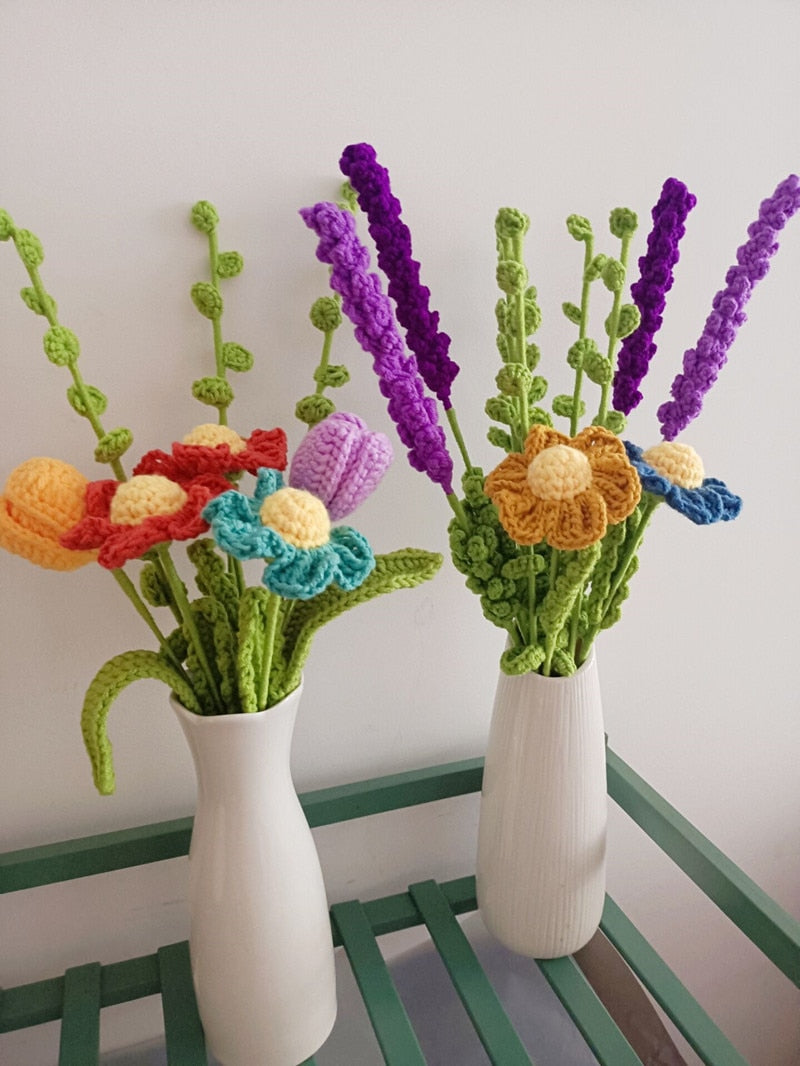 Finished 10pcs Hand-knitted Yarn Crochet  Eucalyptus Bouquet Decorative Artificial Flowers Home Decoration
