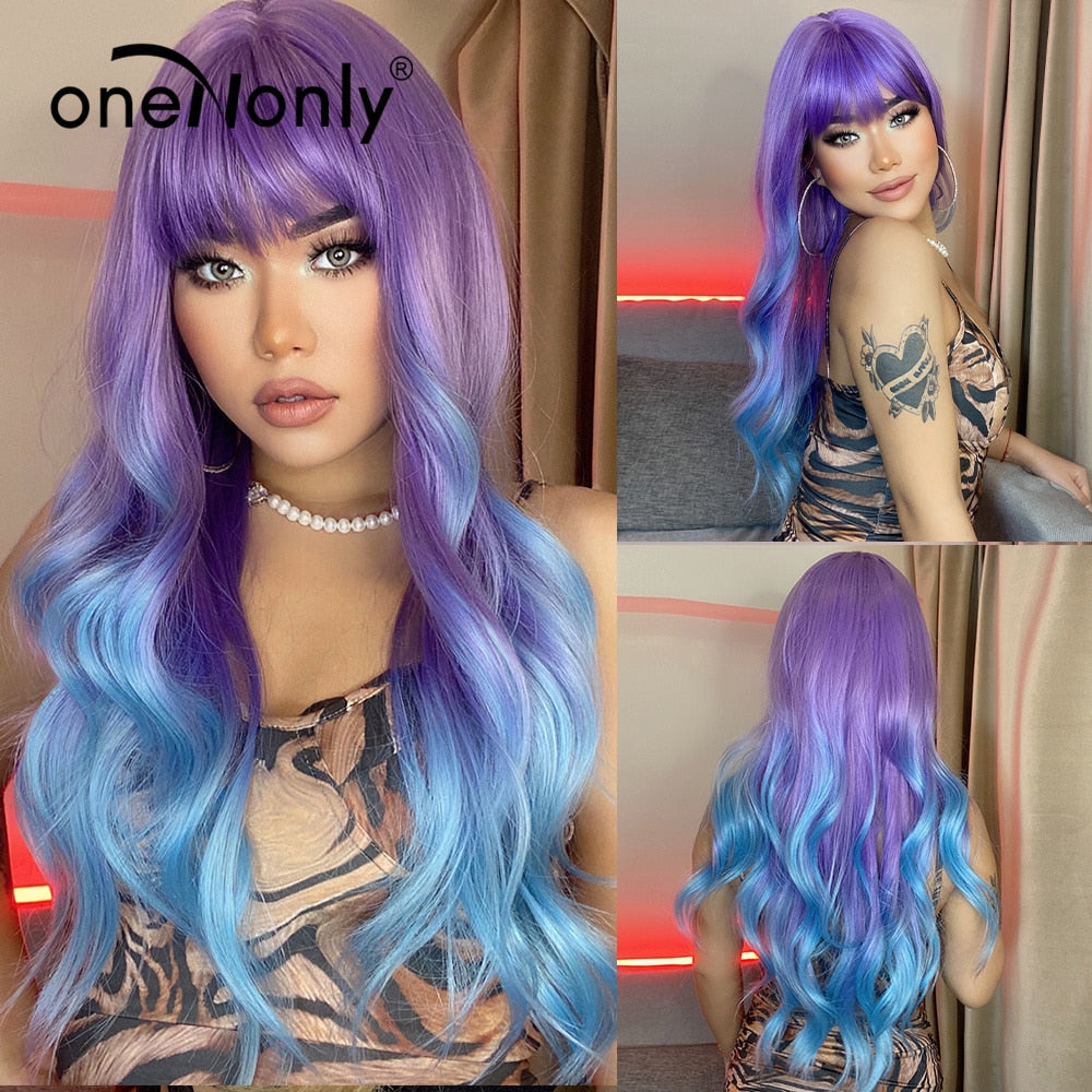 Purple Blue Wig with Bangs Long Wavy Cosplay Lolita Women Wigs Halloween Party High Temperature Hair
