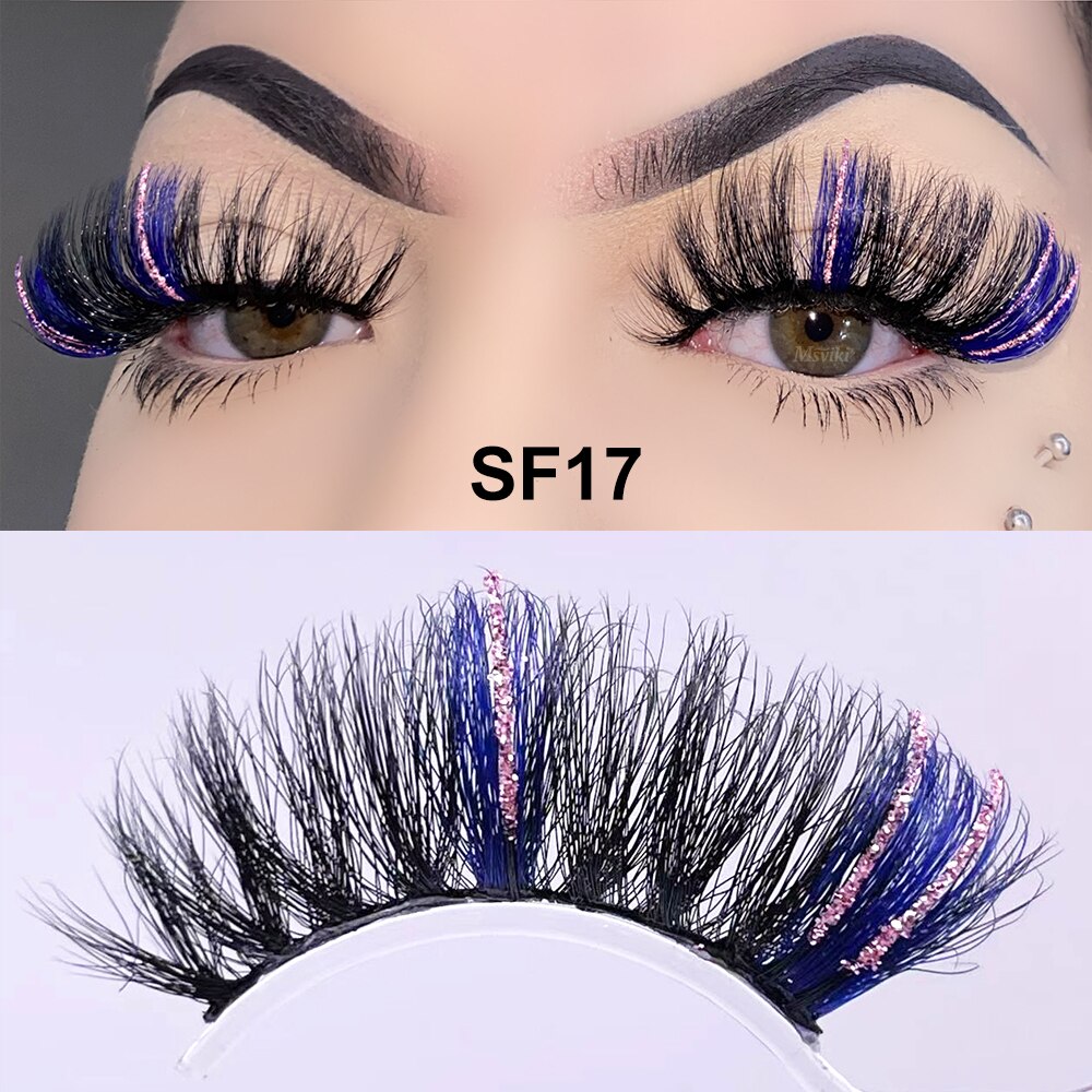 Fluffy 25MM Mink Eyelashes Colored Lashes With Glitter Pink White Red Blue 5D Lashes