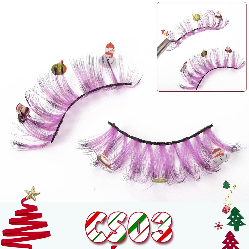 Faux Mink Lashes with Christmas Cartoon 3D False Eyelashes Christmas Party Makeup 25MM Eyelash Charming Colored Glitter