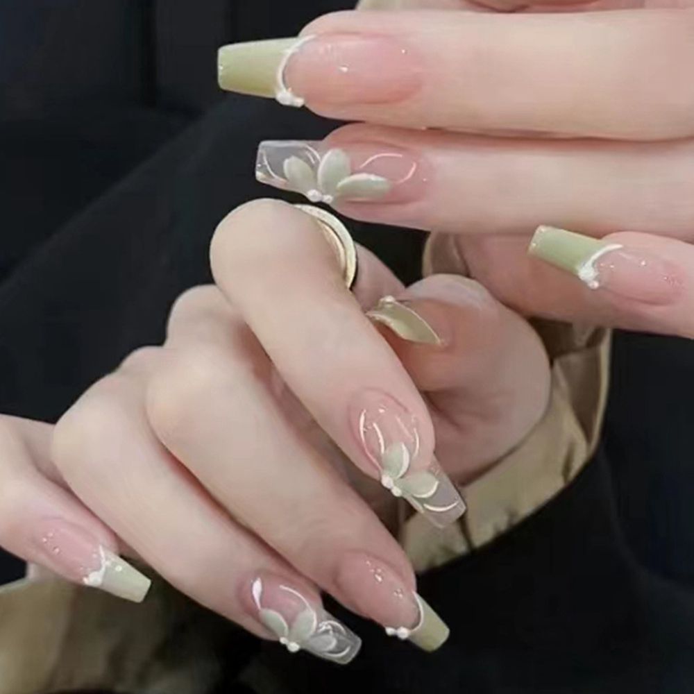 24pcs/Box Glitter Coffin False Nails Pink/White Heart Design French Ballerina Fake Nails Full Cover Nail Tips Press On Nails