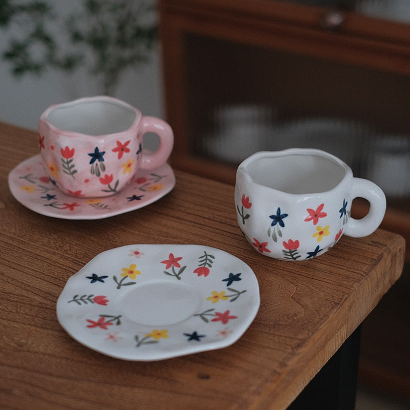 Japanese Hand Painted The Blue Sky and White Clouds Coffee Cup With Saucer Ceramic Handmade Tea Cup Saucer Set Cute Gift For Her