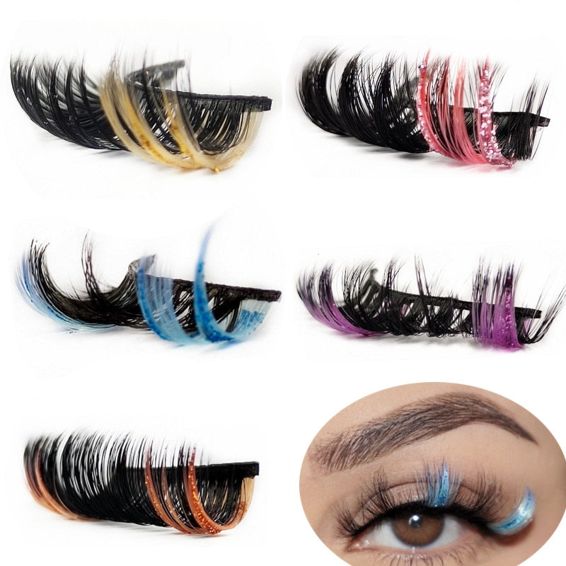 Shiny Red Blue Purple Pink Mix 3D Colored Eyelashes Ombre Vegan Strip D Curl Lashes Natural Dramatic Glitter Lashes