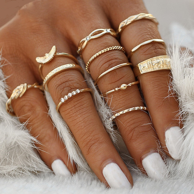 Boho Crystal Joint Ring Set For Women Geometric Knuckle Finger Rings Female Wedding Party Jewelry
