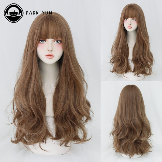Long Curly Hair Women Wig with Bangs Daily Brown Black Pink Lolita Cosplay Braided Wigs Heat Resistant Fiber