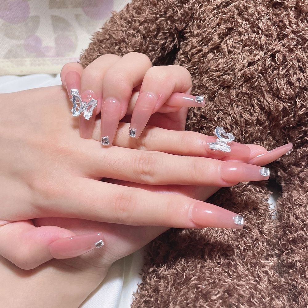 24pcs/Box Glitter Coffin False Nails Pink/White Heart Design French Ballerina Fake Nails Full Cover Nail Tips Press On Nails