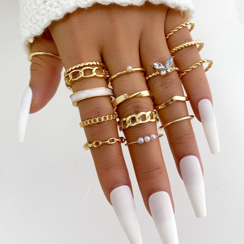 Boho Gold Color 22pcs Heart Rings Set For Women Vintage Geometric Cross Pearl Butterfly Finger Ring Women Jewelry