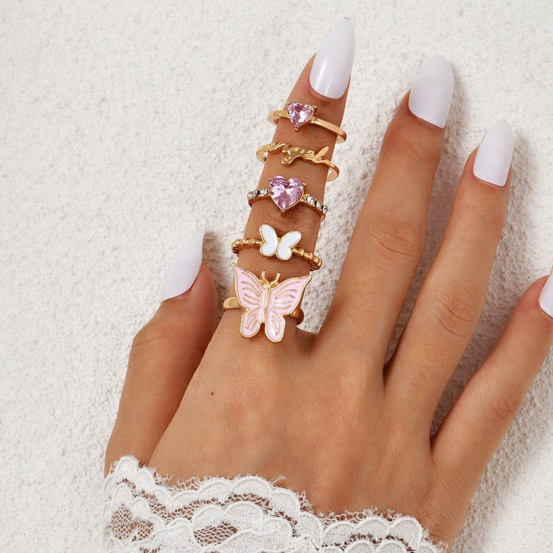 Vintage Boho Crystal Butterfly Flower Rings Set For Women Elegant Geometric Leaf Chain Tassel Knuckle Finger Rings Party Jewelry