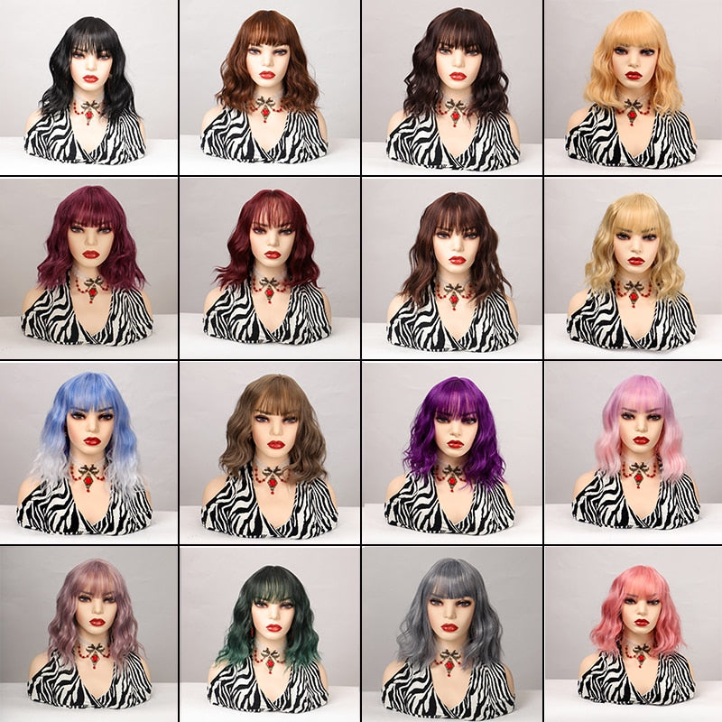 Synthetic Short Water Wave Cosplay Bob Wig with Bangs Heat-resistant Fiber Lolita Wigs For Women Daily Wear