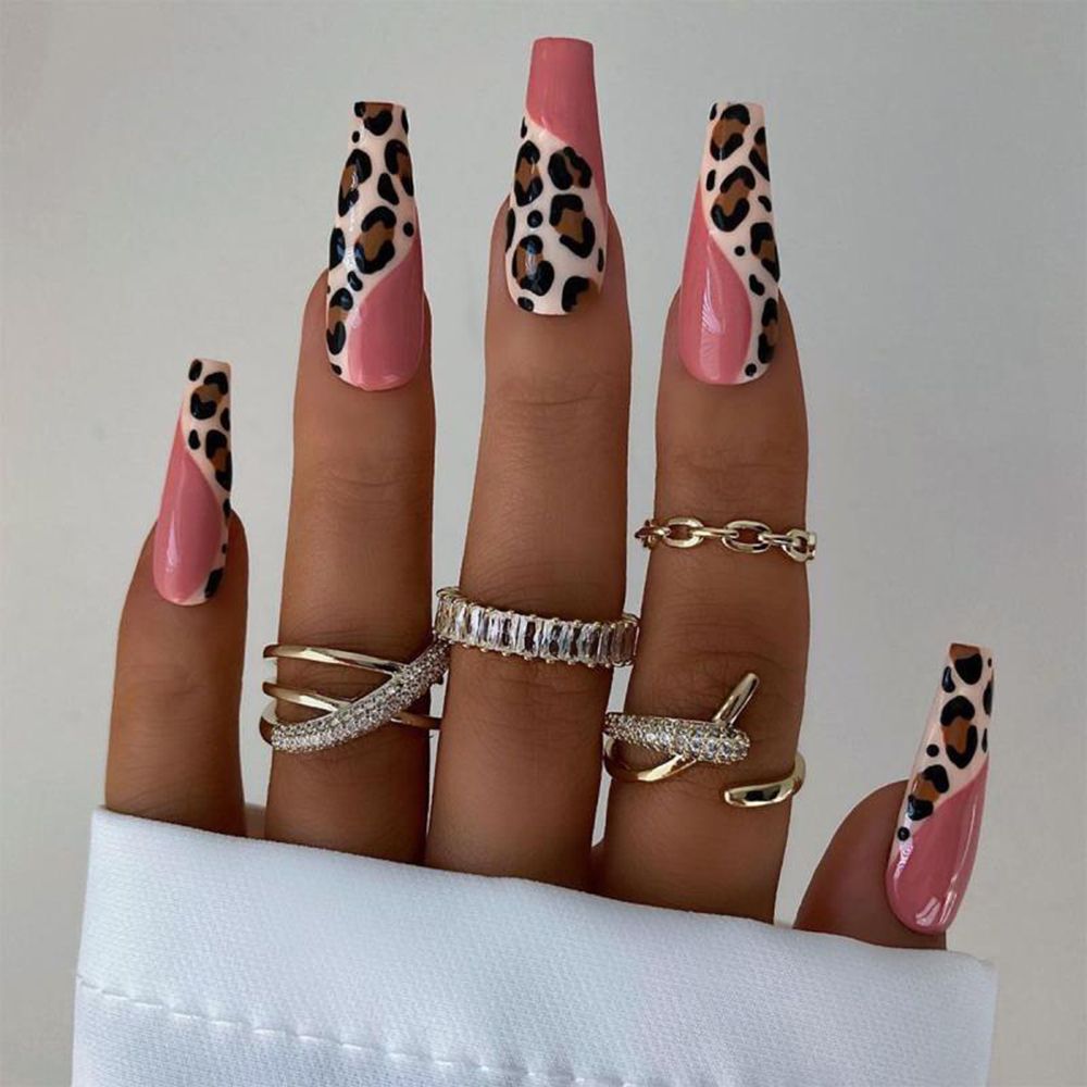 24pcs/Box Glitter Coffin False Nails Pink/White Heart Design French Ballerina Fake Nails Full Cover Nail Tips Press On Nails