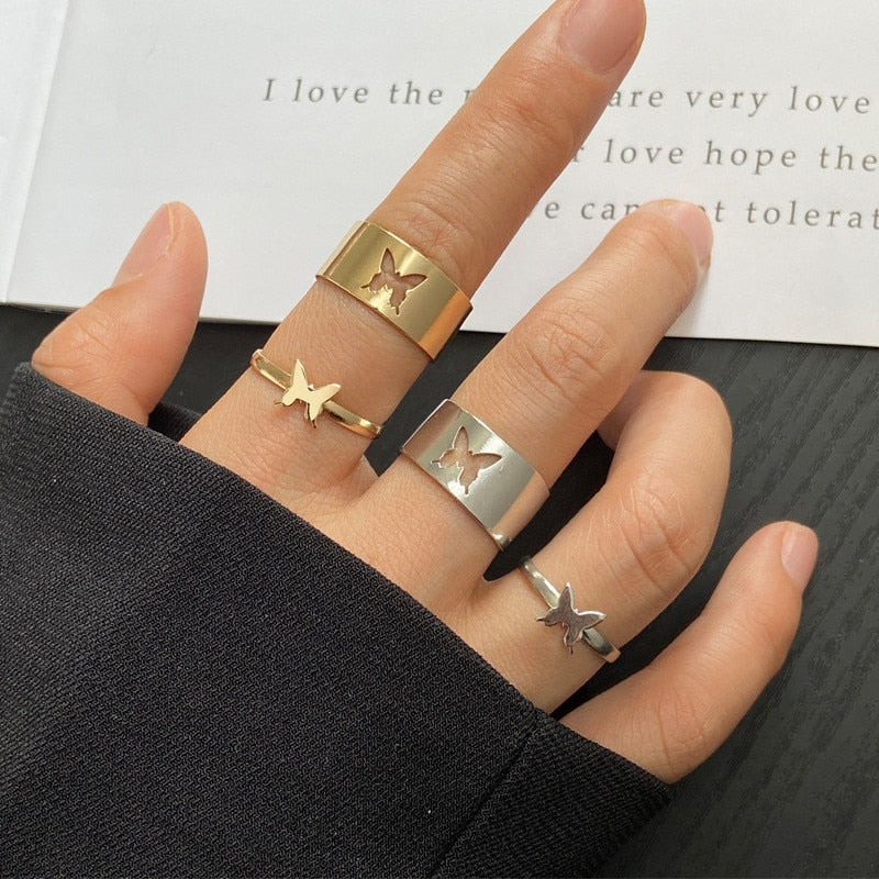 Vintage Bohemian Butterfly Gold Color Ring Sets Zircon Flower Leaf Open Rings for Women Simple Knuckle Accessories