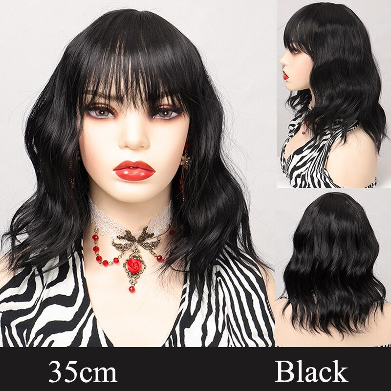 Synthetic Short Water Wave Cosplay Bob Wig with Bangs Heat-resistant Fiber Lolita Wigs For Women Daily Wear