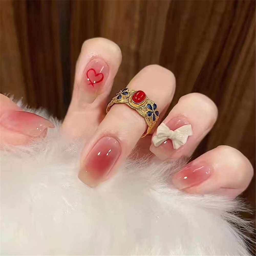 24 Pcs Artificial Wavy Line Long Round Almond False Nails Wearable French Fake Nails Full Cover Nail Tips Press On Nails