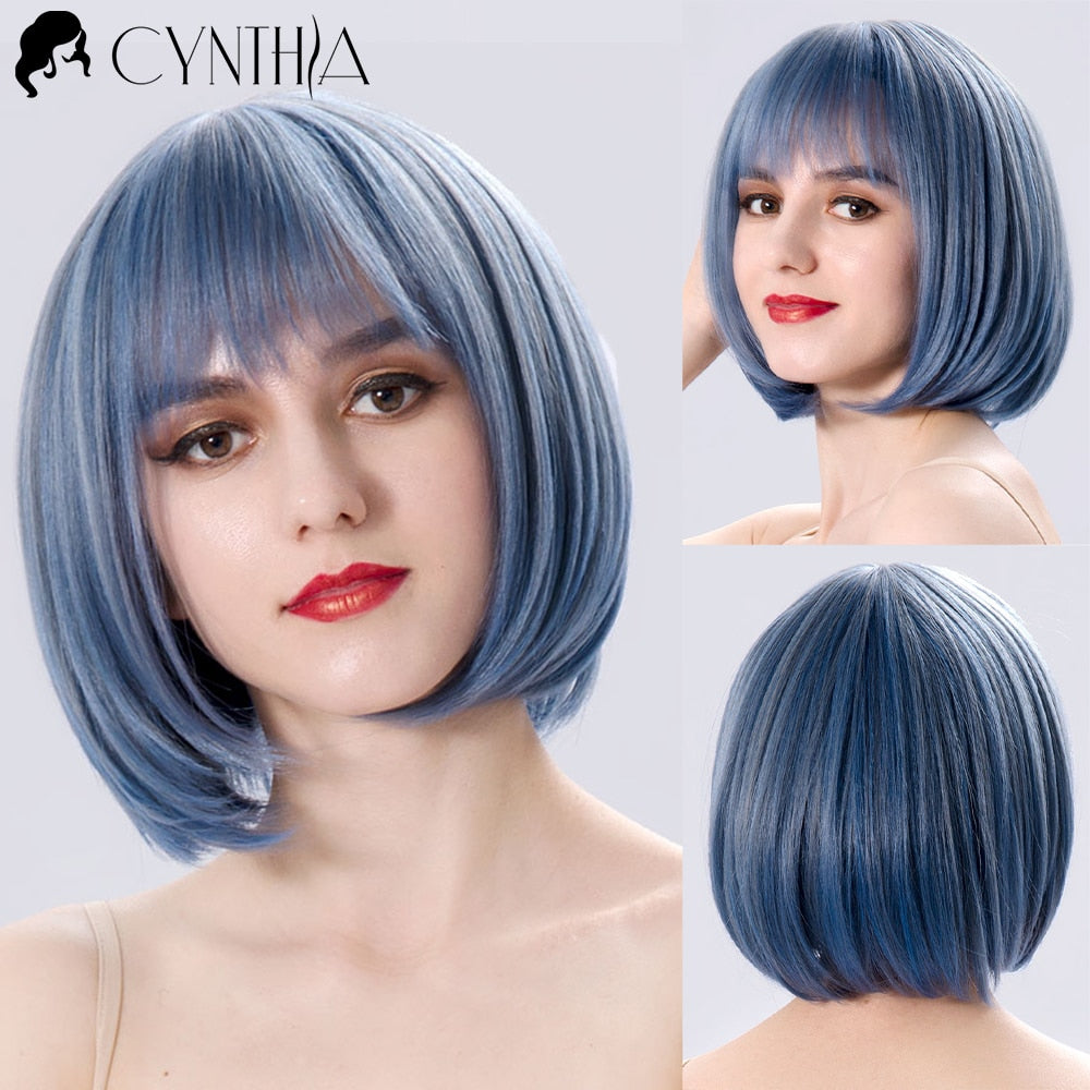 Green Short Bob Hair Synthetic Wig For Woman With Bangs Blonde Ombre Pink Cosplay Lolita Party Heat Resistant Daily Natural Hair