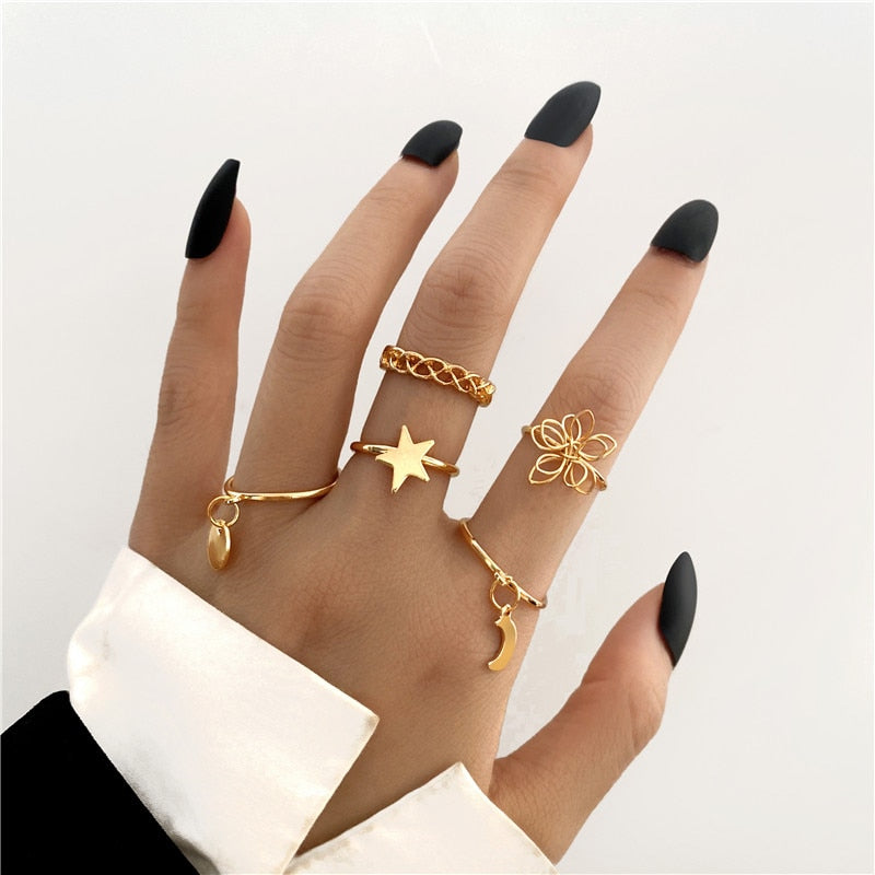 Boho Gold Color 22pcs Heart Rings Set For Women Vintage Geometric Cross Pearl Butterfly Finger Ring Women Jewelry