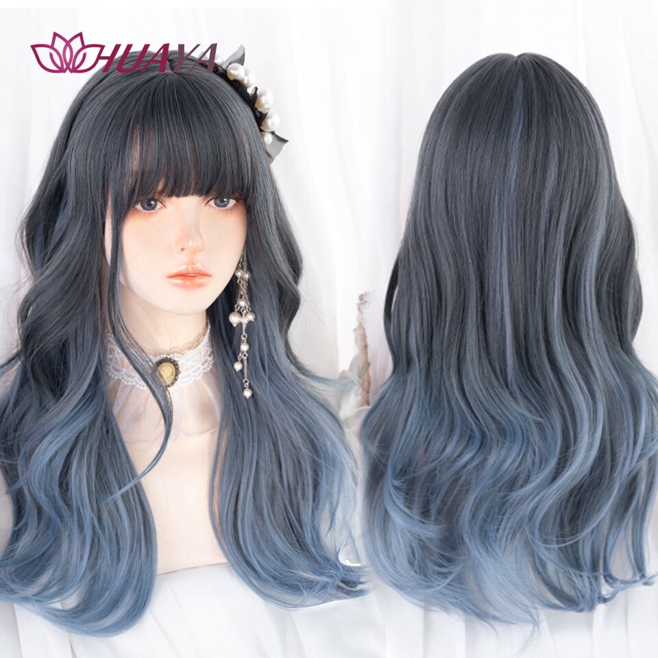 Long Straight Wig with Bangs Purple-White Heat Resistant Synthetic Hair Wigs for African American Girl Lolita Cosplay Wig