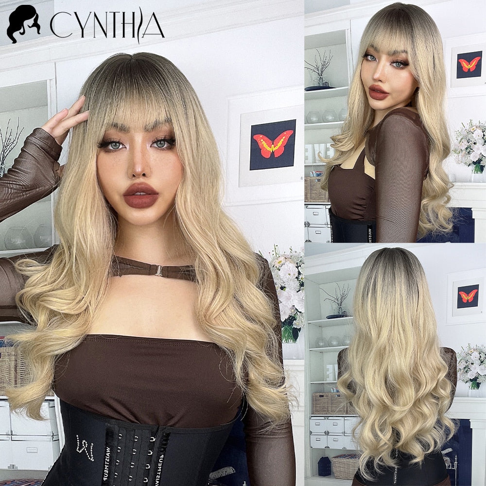 Blonde Synthetic Wig for Woman Long Body Wave Hair Cosplay Lolita Party Natural Heat Resistant Wigs Fiber Daily Hair