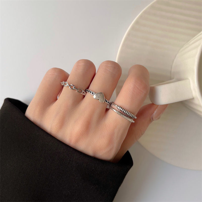 Punk Girl Love Heart Rings Set For Women Personality Harajuku Chain Tassel Silver Color Geometric Ring Gothic Party Jewelry Gift