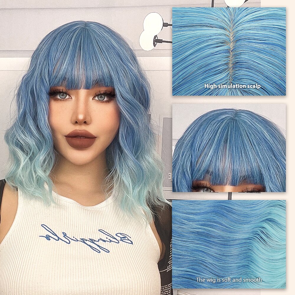 Cynthia Blue Ombre Short Bob Synthetic Wigs For Women With Bangs Body Wave Cosplay Lolita Wig White Natural Heat Resistant Hair