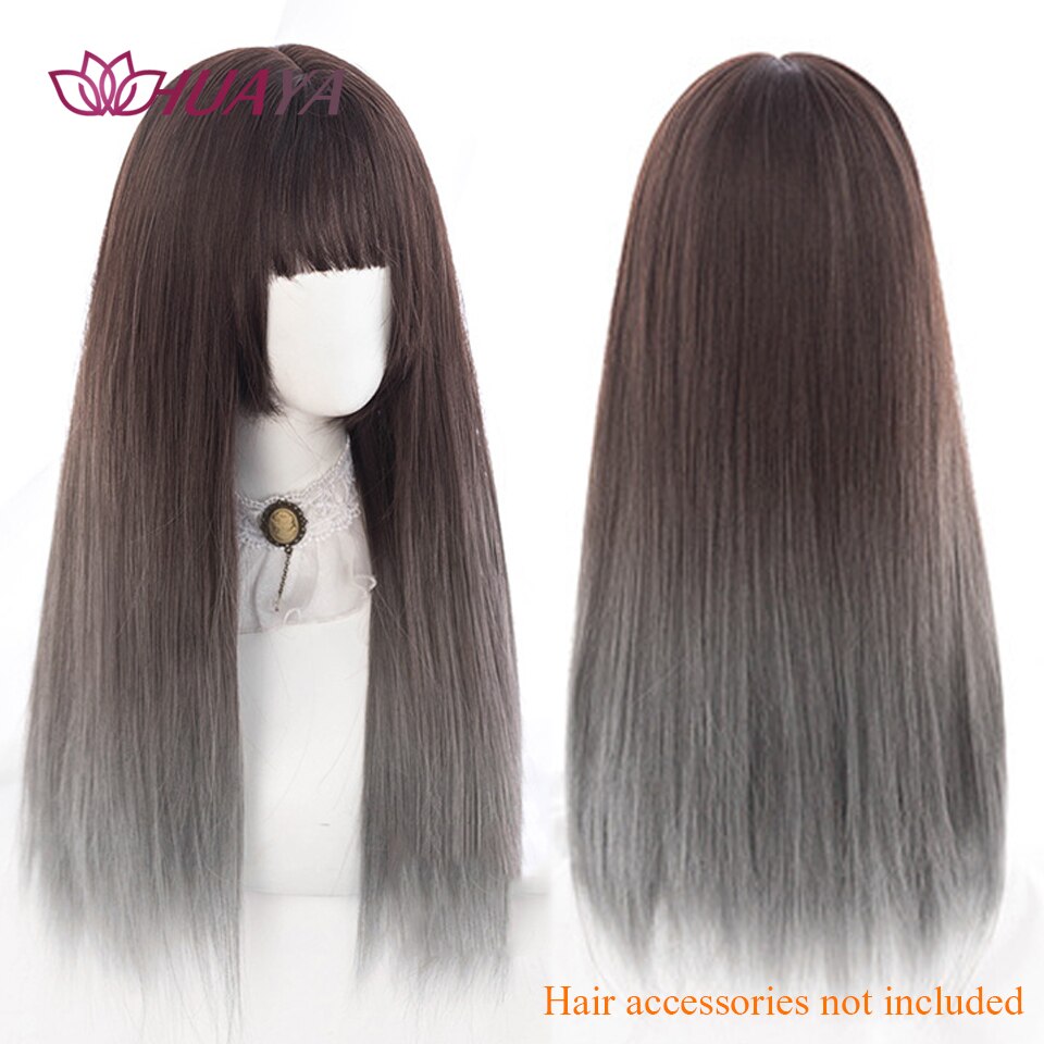 Long Straight Wig with Bangs Purple-White Heat Resistant Synthetic Hair Wigs for African American Girl Lolita Cosplay Wig